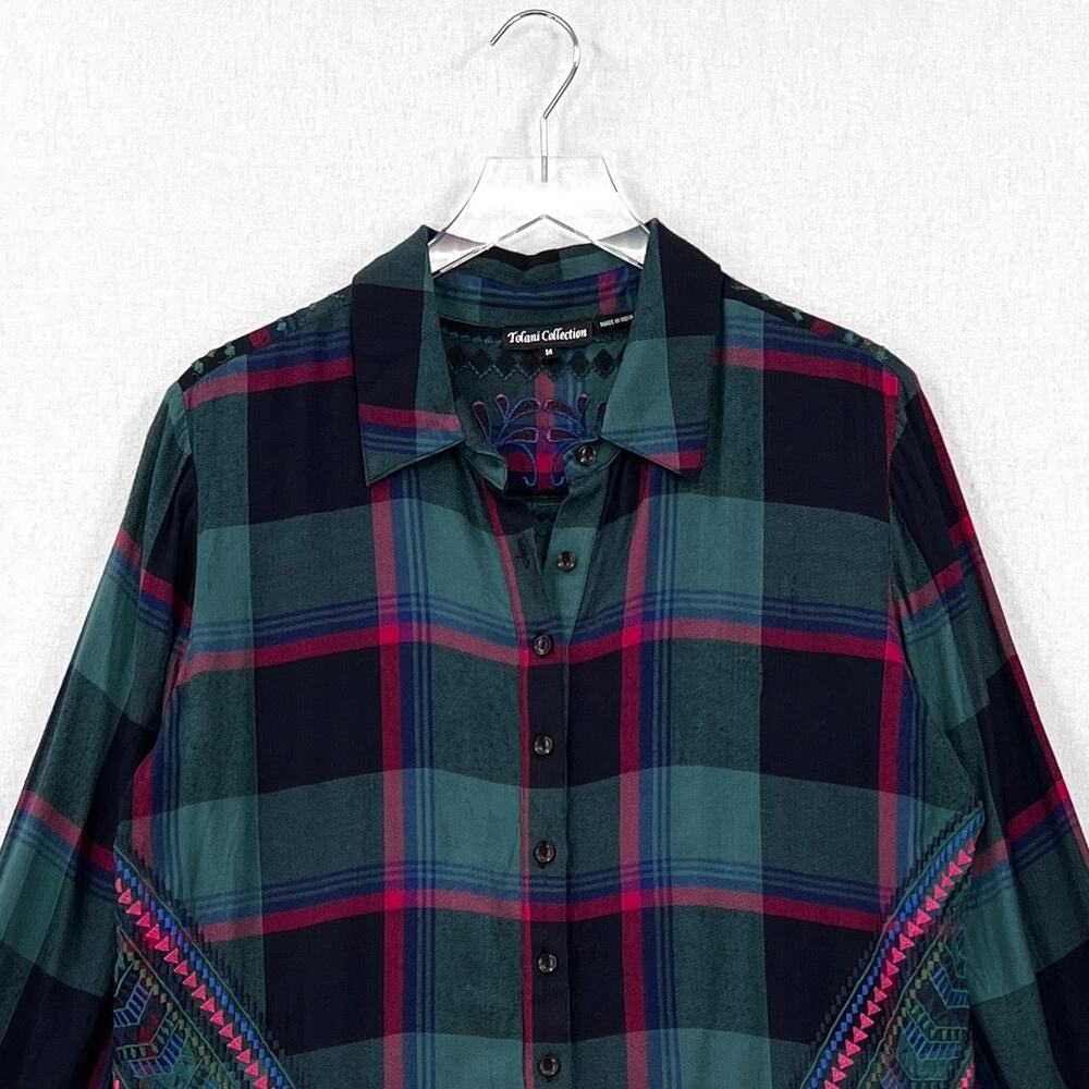 TOLANI COLLECTION Plaid Embroidered Button Up Shirt Womens Medium Green Black - Picture 5 of 16